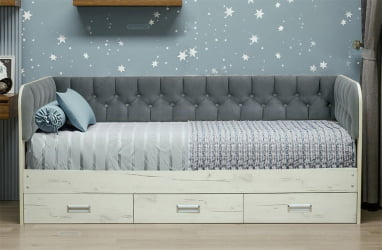 Кровать с продольной мягкой спинкой Софа №14.1 (900х2000) Дуб Крафт золотой Велюр 001