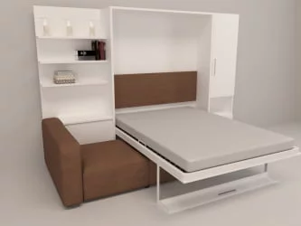 Шкаф-диван-кровать Смарт 1 правый с полкой и пуфом 1600 Белая шагрень