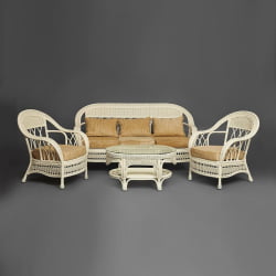 Комплект для отдыха MICHELLE ( стол со стеклом+ диван + 2 кресла + подушки) TCH White (белый), Ткань рубчик, цвет кремовый