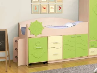 Выдвижная кровать для двоих детей школьника Юниор-12.1 МДФ матовый Дуб молочный/Синий/Ваниль