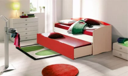 Кровать детская выдвижная Дуб молочный/Голубой/Фиолетовый металлик матовый