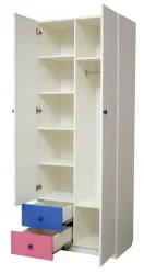 Шкаф 2-х дверный комбинированный с ящиками и фотопечатью Совята 2.2 Белый/Ярко-розовый/Синий