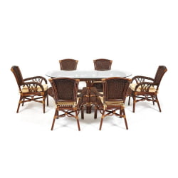 Комплект обеденный ANDREA GRAND (стол со стеклом+6 кресел+ подушки) Pecan Washed (античн. орех), Ткань рубчик, цвет кремовый
