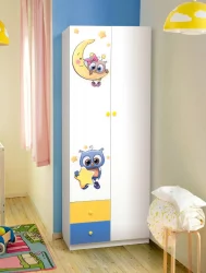 Шкаф 2-х дверный комбинированный с ящиками и фотопечатью Совята 2.1 Белый/Оранжевый/Лайм