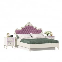 Кровать двуспальная 1600 с тумбами с подъемным механизмом с мягким изголовьем Маркиза 08 Алебастр Сиреневый