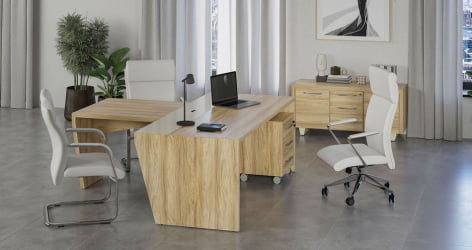 Стол руководителя с опорной тумбой, левый Corner COR.SRT-20(L) Гикори Песочный Ваниль