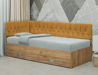 Кровать с продольной мягкой спинкой (левая) Софа №16 (900х2000) Ясень Анкор светлый Велюр 011