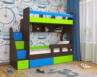 Двухъярусная кровать для девочки Юниор 1 (без бортика) Бодего-лайм синий