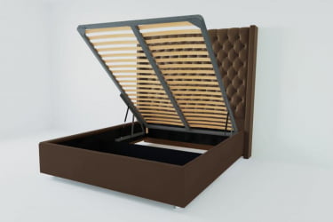 Мягкая интерьерная кровать "Версаль Люкс" с подъемным механизмом Материал фасада: Искусственная кожа; Спальное место: 1800х2000 мм; Цвет фасада: Коричневый; Цвет корпуса: Коричневый 