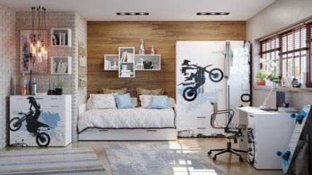 Комплект мебели для детской Мотокросс №1 Серый шелк с фотопечатью