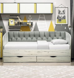 Кровать с продольной мягкой спинкой Софа №13 (800х1600) Дуб Крафт белый Велюр 002