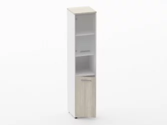 Шкаф 4 узкий верх стеклянная дверь, низ закрытый, с нишей Дека 10.19.18Л Дуб Сантана светлый/Белый / Deka