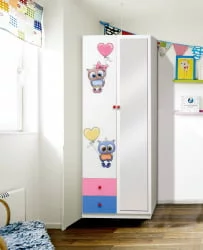 Шкаф 2-х дверный с ящиками и фотопечатью Совята 2.2 Белый/Оранжевый/Желтый