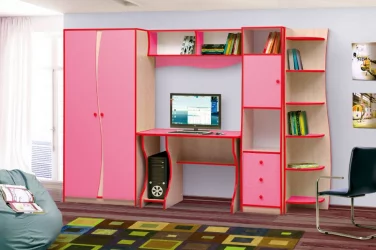 Набор модульной мебели для детской комнаты Юниор-11.3 Дуб молочный/Ярко-розовый