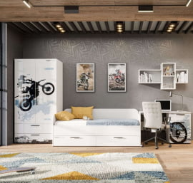 Комплект мебели для детской Мотокросс №3 Серый шелк с фотопечатью