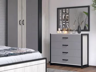 Комод с 4 ящиками с зеркалом Техно 050 Дуб Крафт белый Серый шифер