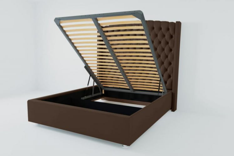 Мягкая интерьерная кровать "Берлин Люкс" с подъемным механизмом Материал фасада: Искусственная кожа; Спальное место: 2000х2000 мм; Цвет фасада: Коричневый; Цвет корпуса: Коричневый _0