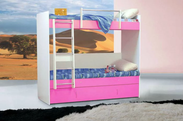 Кровать 2х ярусная №3 с ящиками Дуб молочный/Розовый_0