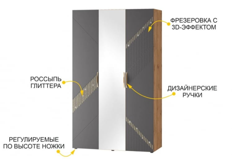 Шкаф трехдверный с зеркалом (лев/прав) Монако 902.12 Дуб Вотан Графит_2