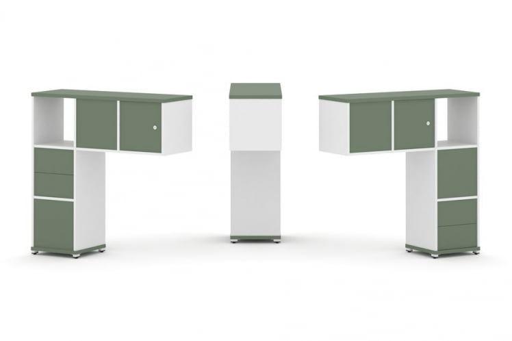 Надставка на стол низкая двухсторонняя + задняя стенка (4 шт.) + блок с 2-мя ящиками (2 шт.) + распашной фасад (2 шт.) CONCEPT CN.DNN-004 Кобо Белый бриллиант Белый металл_0