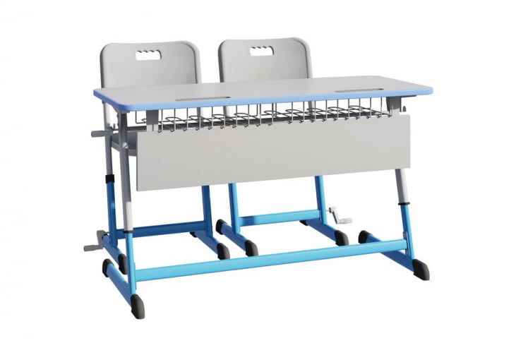 Парта двухместная НОМАД В с ручной регулировкой высоты  с антивандальной  полиуретановой кромкой (рост 4-6) Голубой/Серый / NOMAD V_1