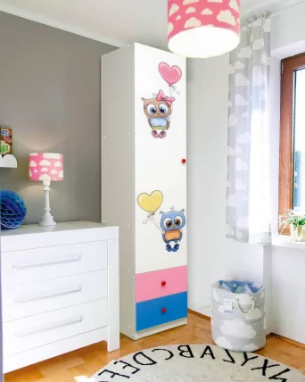 Шкаф 1-но дверный с ящиками и фотопечатью Совята 1.1 Белый/Лайм/Синий_0