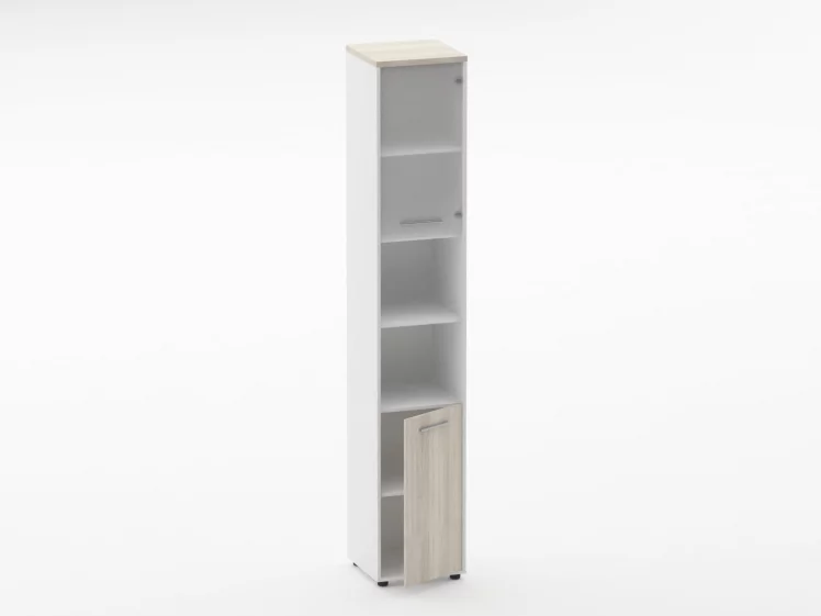 Шкаф 5 узкий верх стеклянная дверь, низ закрытый, две полки открытые Deka 10.23.19Пр Дуб Сантана светлый/Белый_1