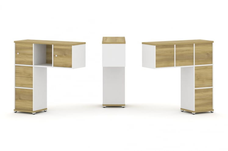 Надставка на стол низкая односторонняя + задняя стенка (5шт.) + блок с 2-мя ящиками (2шт.) + распашной фасад (2 шт.) CONCEPT CN.ONN-004 Дуб Винченцо Белый бриллиант Белый металл_0