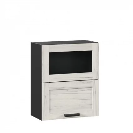 Шкаф кухонный 600 горизонтальный с 2 складными дверями комбинированный со стеклом Винченца ЛД 234.970.000.092 Черный Дуб Крафт белый_0