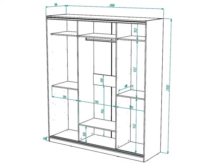 Шкаф-купе 2-х дверный Виктория 2000х584х2300, Ясень шимо светлый 20ДЛЛЛДЗЗЗ-Яшс 310-1242_2