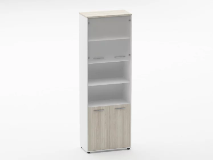 Шкаф 5 широкий верх стеклянная дверь, низ закрытый, две полки открытые Deka 10.23.191 Дуб Сантана светлый/Белый_0