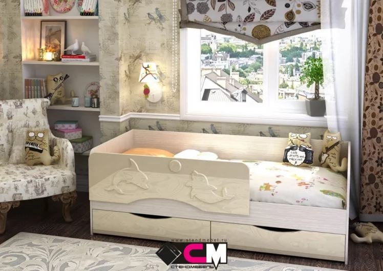Детская кровать Алиса КР 813 Ваниль глянец-Дуб Белфорд_0
