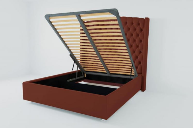 Мягкая интерьерная кровать "Берлин Люкс" с подъемным механизмом Материал фасада: Велюр; Спальное место: 2000х2000 мм; Цвет фасада: Бордо; Цвет корпуса: Бордо _0