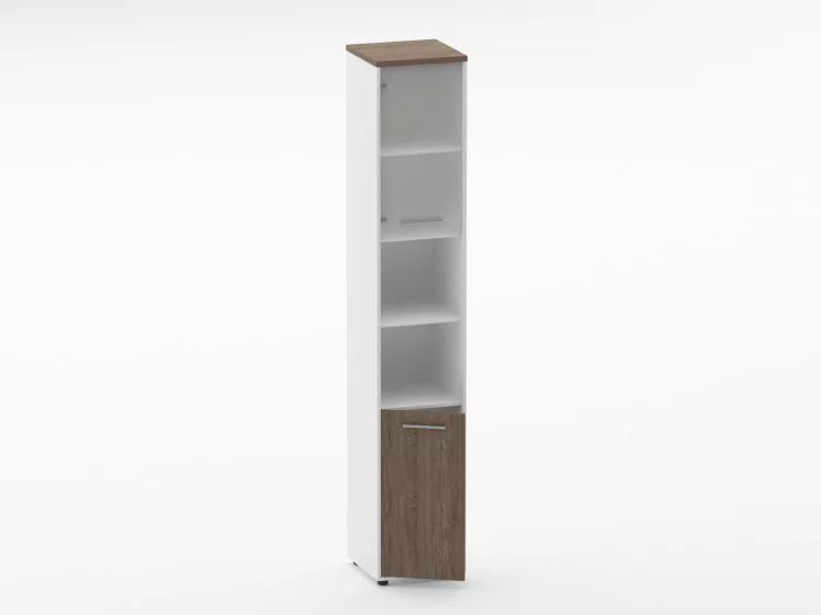 Шкаф 5 узкий верх стеклянная дверь, низ закрытый, две полки открытые Deka 10.23.19Л Дуб Верцаска/Белый_1