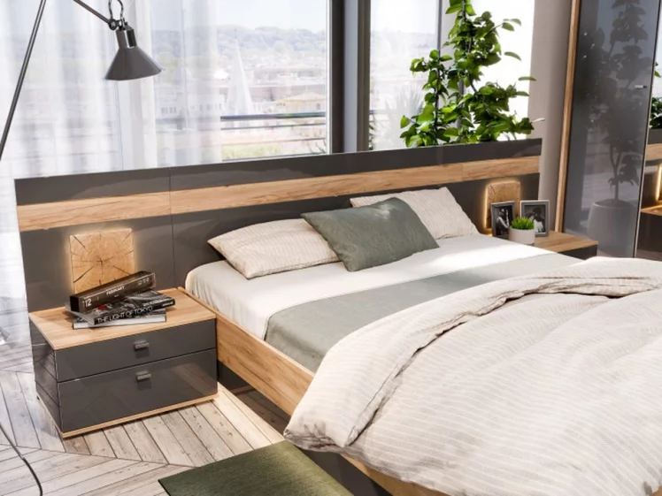 Кровать двуспальная 1600 с тумбами и декоративным щитом Фиджи 016 Дуб Золотой Антрацит_5