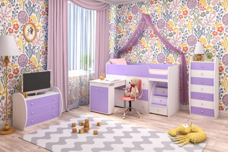 Кровать чердак Малыш Белое дерево/Ирис_1