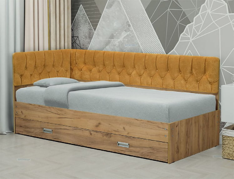 Кровать с продольной мягкой спинкой (левая) Софа №16 (900х2000) Дуб Крафт золотой Велюр 003_0