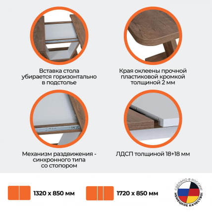 Стол обеденный VOX ЛДСП, 132-172x85x75,5 см, Дуб Канзас/Пепел_14