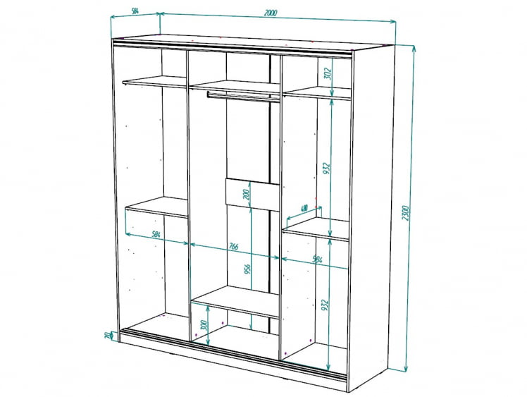 Шкаф-купе 2-х дверный Виктория 2000х584х2300, Белый 20ДЗЗЗДЗЗЗ-ПШШШ-Б 310-1494_2