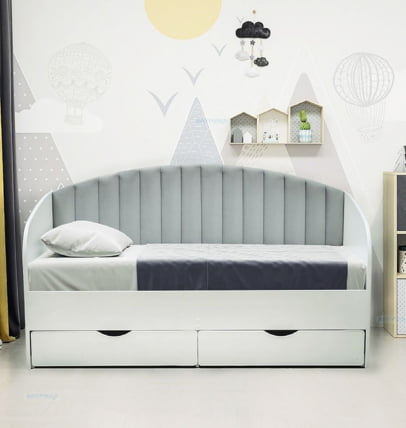 Кровать с продольной мягкой спинкой Софа №12 (800х1600) Ясень Анкор светлый Велюр 019_0