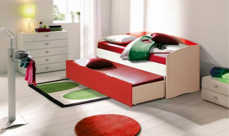 Кровать детская выдвижная Дуб молочный/Голубой/Фиолетовый металлик глянец_0