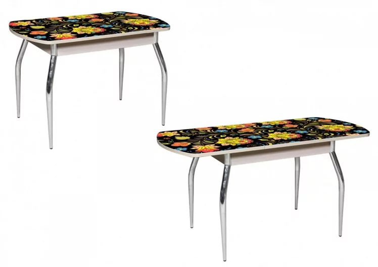 Стол раздвижной 1,45 Грация, СТЕКЛО, опоры изогнутые ХРОМ, Дуб беленый/Узор-1_0