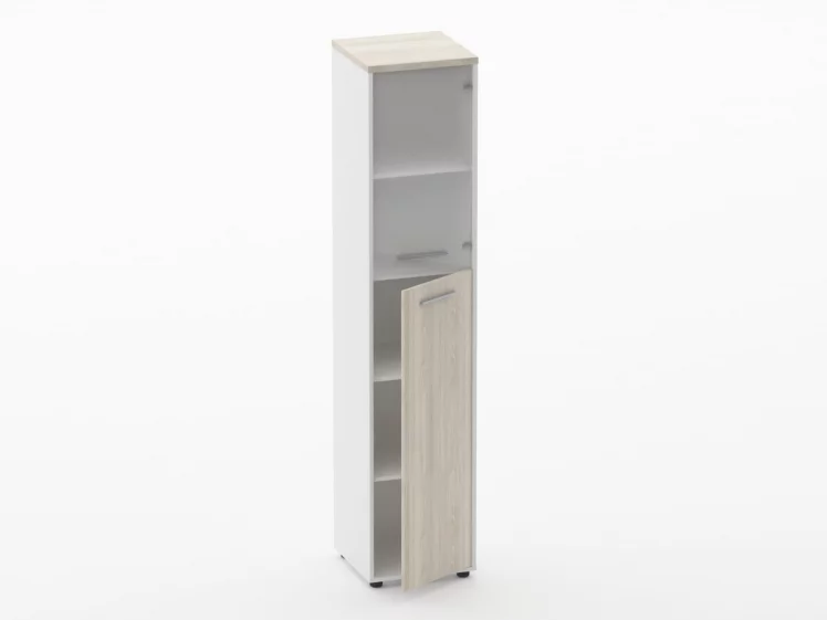 Шкаф 4 узкий  верх стеклянная дверь, низ закрытый Deka 10.19.19Пр Дуб Сантана светлый/Белый_1