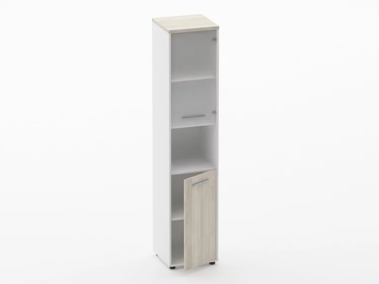 Шкаф 4 узкий верх стеклянная дверь, низ закрытый, с нишей Deka 10.19.18Пр Дуб Сантана светлый/Белый_1