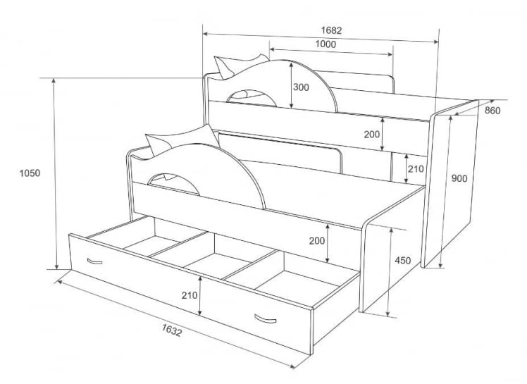 Кровать выкатная двухъярусная РАДУГА Без ящика Дуб млечный / Венге_1