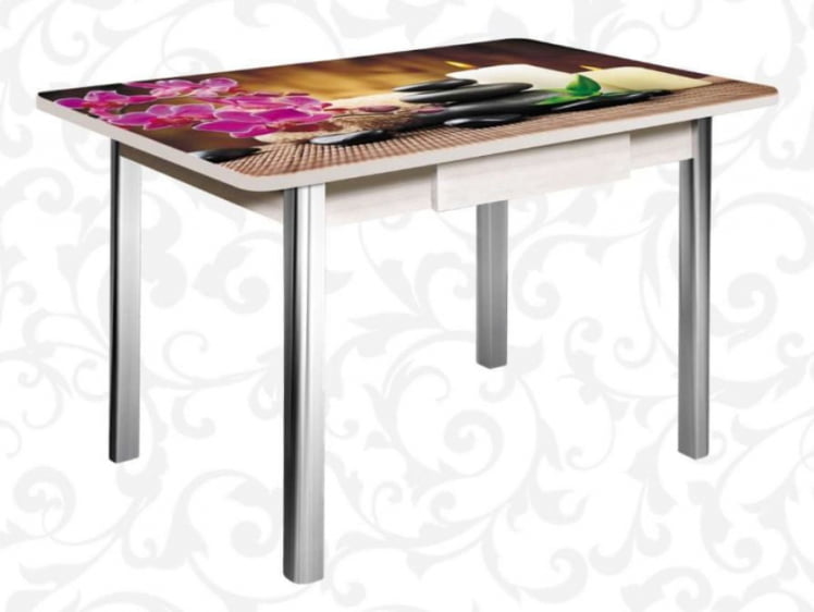 Стол нераздвижной с ящиком 1,2 Победа, СТЕКЛО, опоры полуовал ХРОМ, Беленый дуб/R006_0