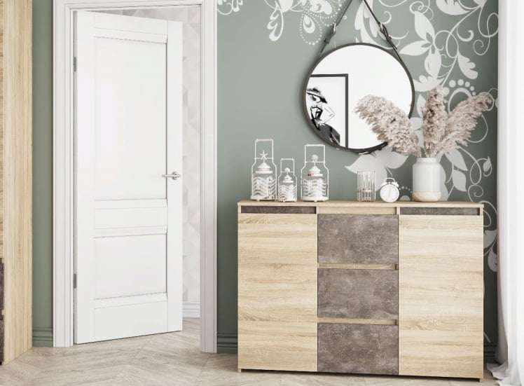 Комод МИЛАНО-3 Дуб сонома светлый/Ателье темное_0