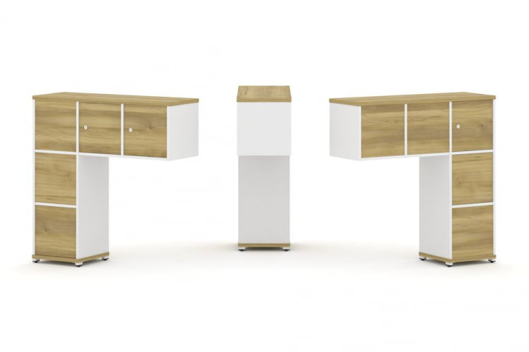 Надставка на стол низкая двухсторонняя + задняя стенка (5 шт.) + блок с 1-м ящиком (2 шт.) + распашной фасад (3 шт.) CONCEPT CN.DNN-006 Дуб Винченцо Белый бриллиант Белый металл_0