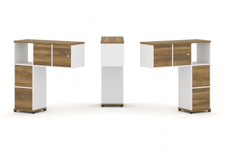 Надставка на стол низкая двухсторонняя + задняя стенка (4 шт.) + блок с 2-мя ящиками (2 шт.) + распашной фасад (2 шт.) CONCEPT CN.DNN-004 Сандал Янтарный Белый бриллиант Черный металл_0