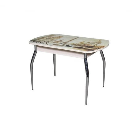 Стол нераздвижной 1,1 Грация, СТЕКЛО, опоры изогнутые ХРОМ, Беленый дуб/Париж_0